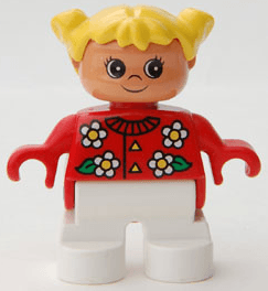 LEGO Duplo Figure Child Type 2 Girl Red Top with Flowers Pattern Collar And 2 Buttons Yellow Hai (6453pb038) Duplo Minifigure
