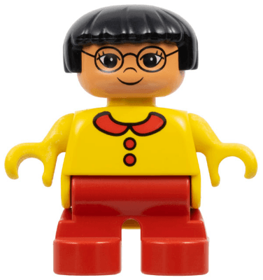 Duplo Figure - Female, Child Girl, Red Legs, Yellow Top with Collar and Buttons Pattern, Black Hair, Nougat Head (75501)