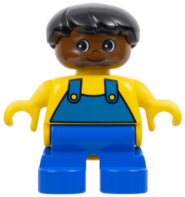 Duplo Figure - Male, Child Boy, Blue Legs, Yellow Top with Overalls Pattern, Black Hair, Brown Head (75507)