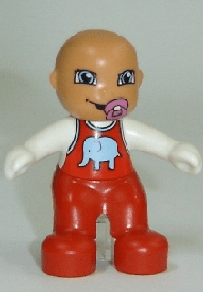Duplo Figure Lego Ville, Baby, Red Overalls with Elephant Pattern, Pacifier