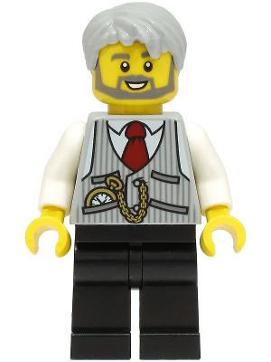 LEGOLAND Park Train Conductor, Pinstripe Vest, Red Tie and Pocket Watch, Thin Pointed Sideburns