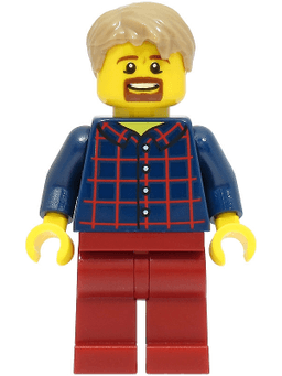 LEGO LEGOLAND Park Male Dark Blue Plaid Button Shirt with Wide Neck and Back Print Dark Tan Short Tousled Hair Goatee (LLP003a) minifigure