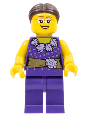 LEGOLAND Park Female, Dark Purple Blouse with Gold Sash and Flowers, Dark Brown Hair