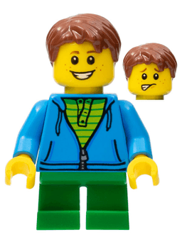 LEGO LEGOLAND Park Boy with Reddish Brown Hair Hoodie with Zipper over Lime and Green Striped Shirt and Green Legs (LLP007) minifigure