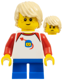 LEGO LEGOLAND Park Boy with Tan Hair Shirt with Red Collar and Shoulders Spaceship Orbiting Classic Space Helmet Pattern and Short Blue Legs (LLP008) minifigure