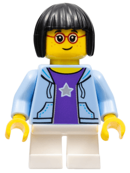 LEGO LEGOLAND Park Girl with Black Bob Cut Hair Bright Light Blue Hooded Sweatshirt Open with Purple Shirt with Silver Star Pattern and White Short Legs (LLP009) minifigure