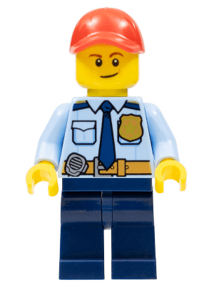 LEGOLAND Park Police Officer with Shirt with Dark Blue Tie and Gold Badge, Dark Tan Belt with Radio, Dark Blue Legs, Red Cap, Lopsided Smile