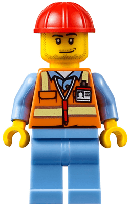 LEGO Orange Safety Vest with Reflective Stripes Red Construction Helmet Smirk and Stubble Beard (air050) minifigure