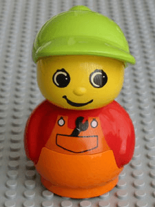 LEGO Primo Figure Boy with Orange Base Red Top with Orange Overalls with Wrench Medium Lime Hat (baby016) LEGO Minifigure