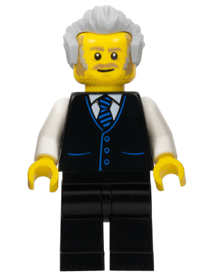 LEGO Receptionist Male Black Vest with Blue Striped Tie Light Bluish Gray Hair (bdp040) Icons Minifigure