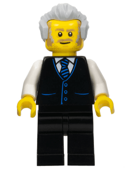 LEGO Receptionist Male Black Vest with Blue Striped Tie Light Bluish Gray Hair (bdp040) minifigure