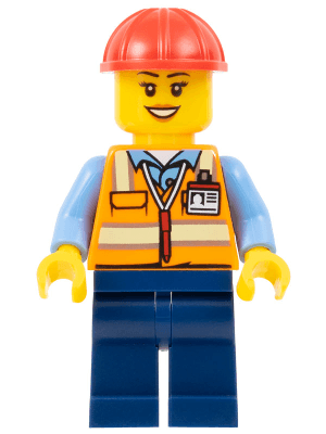 Construction Worker - Female, Orange Safety Vest with Reflective Stripes, Dark Blue Legs, Red Construction Helmet (Crane Operator)