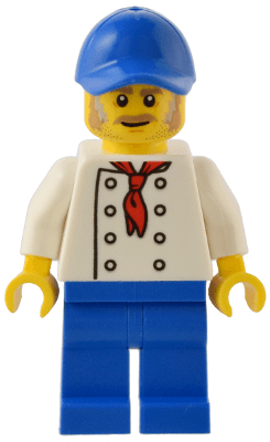 Hot Dog Stand Manager - White Torso with 8 Buttons, No Wrinkles Front or Back, Blue Legs, Blue Cap