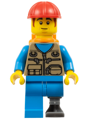 Train Worker - Male, Dark Tan Vest, Dark Azure Legs, Prosthetic Left Leg, Orange Air Tanks, Construction Helmet