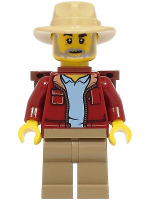Lost City Explorer - Male, Dark Red Jacket with Bright Light Blue Shirt, Dark Tan Legs, Tan Fedora, Backpack