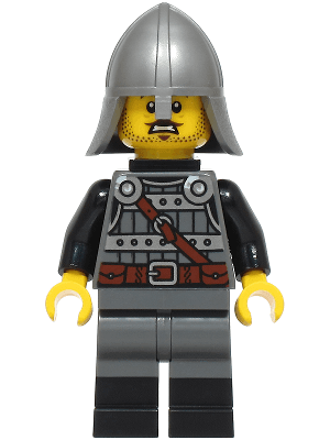 Knight - Male, Dark Bluish Gray and Silver Armor, Black Boots, Flat Silver Helmet with Neck Protector, Neck Bracket with Clip