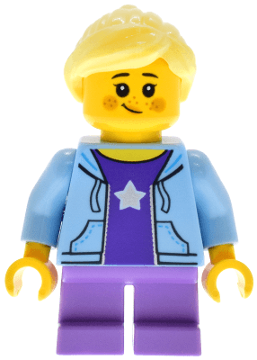 Antique Shop - Female Child, Bright Light Blue Hoodie over Dark Purple Shirt, Medium Lavender Short Legs, Bright Light Yellow Ponytail