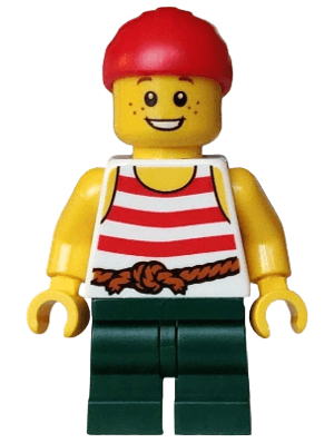 Pirate - Boy, White Tank Top with Red Stripes, Dark Green Medium Legs, Red Bandana