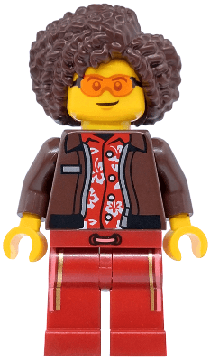 Art Factory Bassist - Female, Dark Brown Jacket over Red Hawaiian Shirt, Dark Red Legs with Coral and Gold Vertical Stripes, Dark Brown Hair