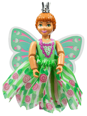 Belville Female, Child Girl (Princess Flora) - Medium Green Top with Flowers Pattern, Dark Orange Hair, Dark Pink Shoes, Skirt with Wings, Crown