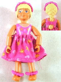 Belville Female, Child Girl  - Dark Pink Swimsuit with Starfish / Sea Stars and Seashells Pattern, Very Light Orange Hair, Skirt, Hairband, Bows
