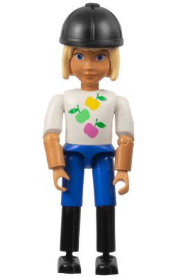 Belville Female, Child Girl (Horse Rider) - Blue Shorts, White Top with Apples Pattern, Very Light Orange Hair, Black Shoes, Hat