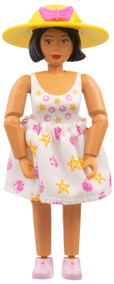 Belville Female - White Swimsuit with Starfish / Sea Stars and Seashells Pattern, Black Hair, Pink Shoes, Hat with Bow
