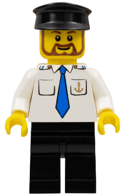 LEGO Boat Captain with Blue Tie and Anchor on Pocket Black Hat Brown Beard Rounded (boat012) minifigure