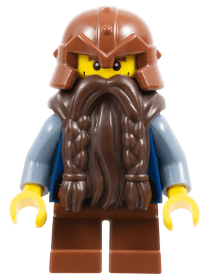Fantasy Era - Dwarf, Dark Brown Beard, Reddish Brown Helmet with Studded Bands, Sand Blue Arms, Vertical Cheek Lines