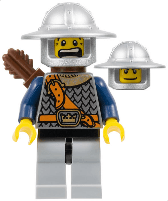 Fantasy Era - Crown Knight Scale Mail with Chest Strap, Helmet with Broad Brim, Dual Sided Head, Light Bluish Gray Legs, Quiver