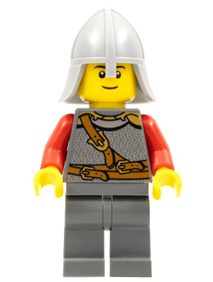 Kingdoms - Lion Knight Scale Mail with Chest Strap and Belt, Helmet with Neck Protector, Black Eyebrows, Thin Grin