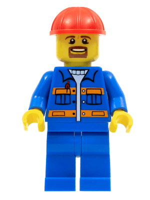LEGO Blue Jacket with Pockets and Orange Stripes Red Construction Helmet Brown Moustache and (con009) Town / City Minifigure