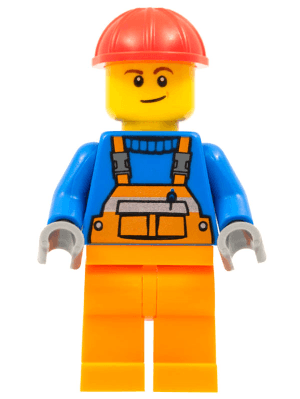 Overalls with Safety Stripe Orange, Orange Legs, Red Construction Helmet, Lopsided Smile