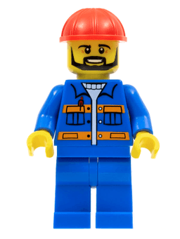 LEGO Blue Jacket with Pockets and Orange Stripes Red Construction Helmet Black Angular Beard (con012) minifigure