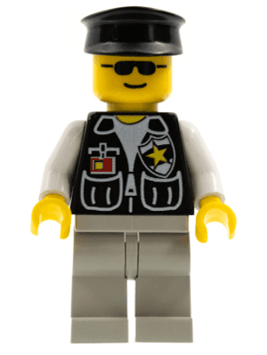 Police - Sheriff Star and 2 Pockets, Light Gray Legs, White Arms, Black Hat