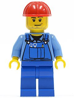 LEGO Overalls with Tools in Pocket Blue Red Construction Helmet Smirk and Stubble Beard (cty0104) minifigure