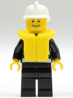 Fire - Reflective Stripes, Black Legs, White Fire Helmet, Thin Grin with Teeth, Life Jacket