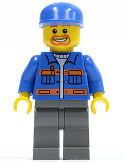Blue Jacket with Pockets and Orange Stripes, Dark Bluish Gray Legs, Blue Cap, Beard Around Mouth