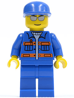 Blue Jacket with Pockets and Orange Stripes, Blue Legs, Blue Cap, Silver Sunglasses, Eyebrows and Thin Grin