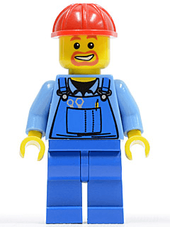 LEGO Overalls with Tools in Pocket Blue Red Construction Helmet Beard Around Mouth (cty0159) Town / City Minifigure