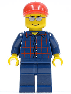 Plaid Button Shirt, Dark Blue Legs, Red Short Bill Cap, Silver Sunglasses