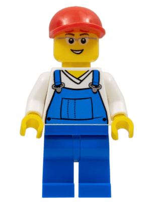 Overalls Blue over V-Neck Shirt, Blue Legs, Red Short Bill Cap, Glasses