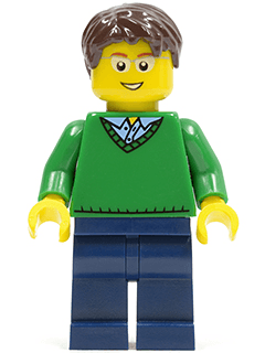 Green V-Neck Sweater, Dark Blue Legs, Dark Brown Short Tousled Hair, Glasses