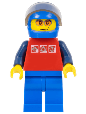 Red Shirt with 3 Silver Logos, Dark Blue Arms, Blue Legs, Blue Helmet, Orange Sunglasses