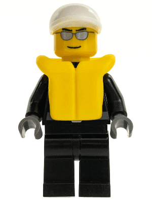 Police - City Leather Jacket with Gold Badge, White Short Bill Cap, Silver Sunglasses, Life Jacket