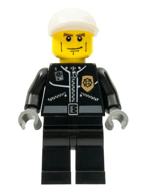 Police - City Leather Jacket with Gold Badge, White Short Bill Cap, Vertical Cheek Lines