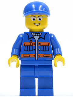 Blue Jacket with Pockets and Orange Stripes, Blue Legs, Blue Short Bill Cap, Glasses, Open Mouth Smile