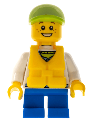 Child - Boy, White Hoodie with Medium Blue Pocket, Blue Short Legs, Lime Cap, Freckles, Yellow Life Jacket with Buckle