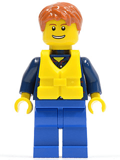 Plaid Button Shirt, Blue Legs, Dark Orange Short Tousled Hair, Yellow Life Jacket Center Buckle, Thin Grin with Teeth