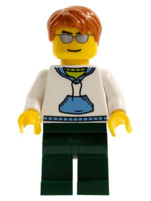 White Hoodie with Medium Blue Pocket, Dark Green Legs, Dark Orange Short Tousled Hair